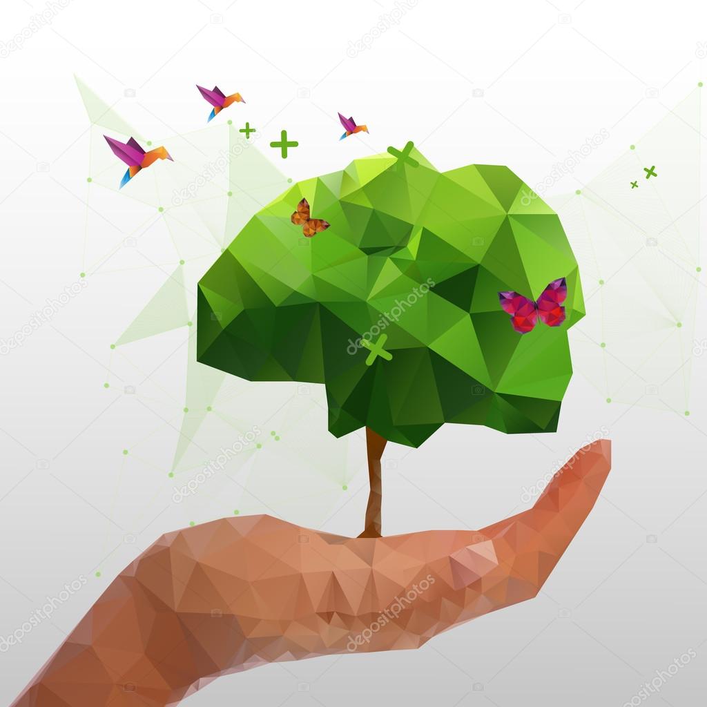 Illustration of geometric polygonal tree in hand