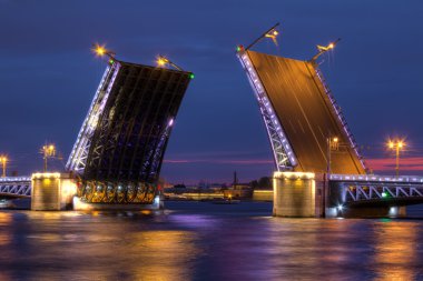 Gece görünümü açık Palace Bridge ve Neva Nehri