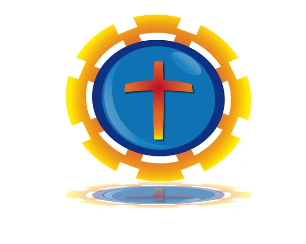 Cruz cristiana fondo azul y engranaje — Archivo Imágenes Vectoriales