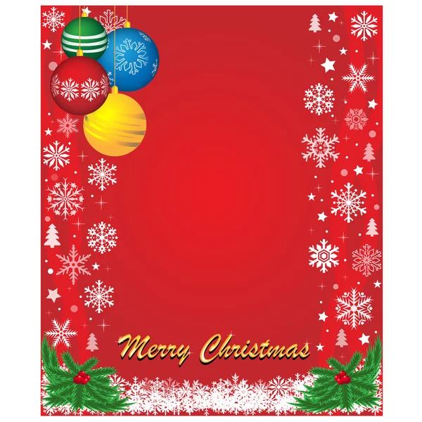 Postal roja de Navidad con bolas y copo de nieve — Vector de stock