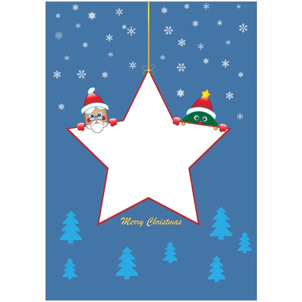 Estrella blanca de Navidad con santa y árbol sobre fondo azul — Vector de stock