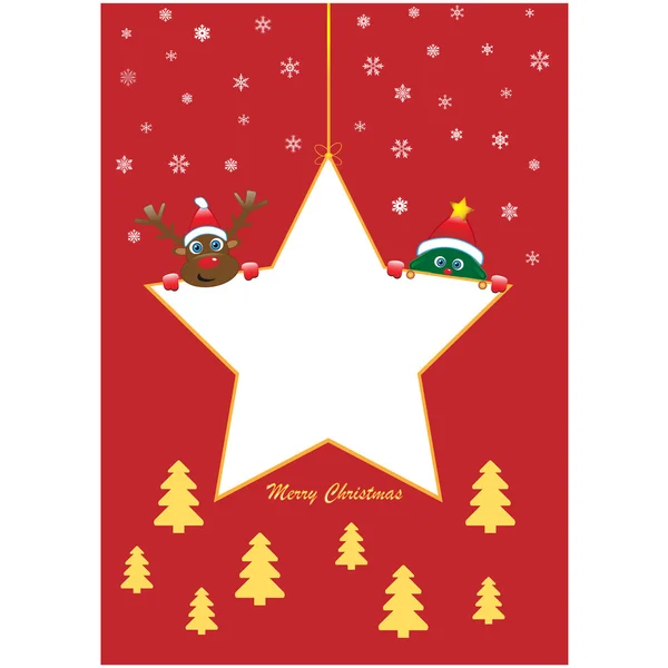 Estrella blanca de Navidad con rudolf y árbol sobre fondo rojo — Vector de stock