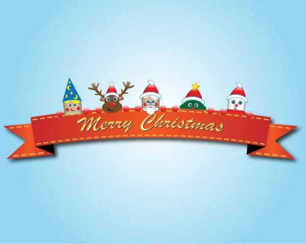 Banner de Navidad con santa, rudolf, muñeco de nieve, elfo y árbol — Vector de stock