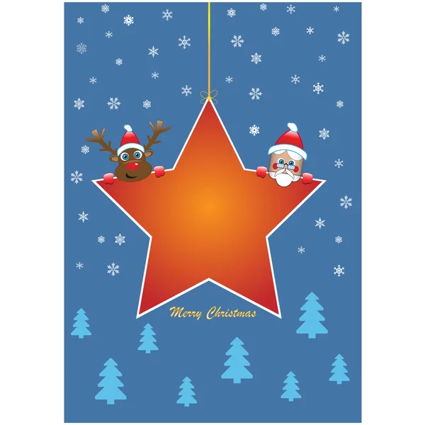 Estrella roja de Navidad con santa y rudolf sobre fondo azul — Vector de stock