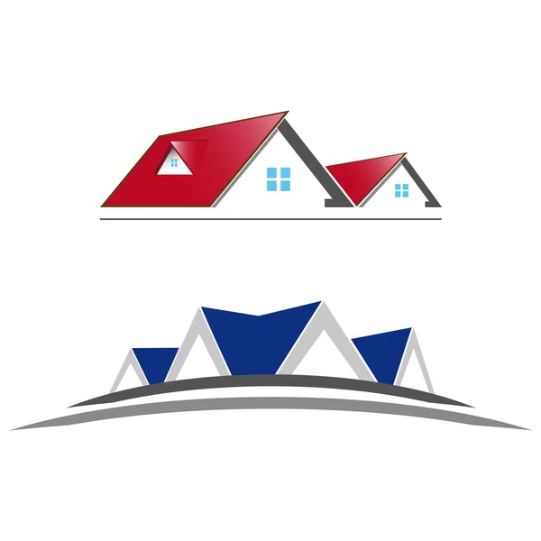 Dubbele pictogram van huizen met daken van bruin en blauw — Stockvector