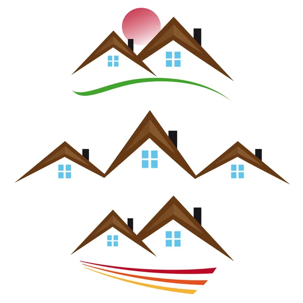 Triple icono de casas con techos marrones — Vector de stock