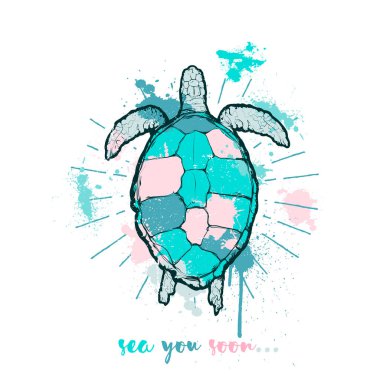 Deniz kaplumbağası vintage vektör etiketi, t-shirt baskısı
