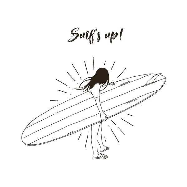 Mladá dívka drží surfovací prkno na pláži — Stockový vektor
