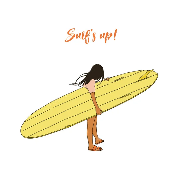 Jeune fille tenant planche de surf sur la plage — Image vectorielle