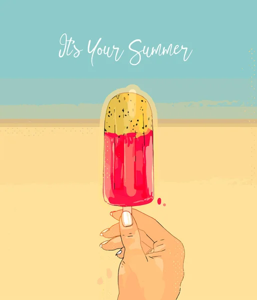 Les femmes tiennent main fruits popsicle, c'est votre été — Image vectorielle