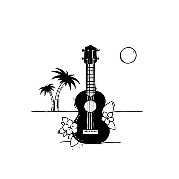 Hawaii ukulele with palm and flowers, vector art — Stock Vector