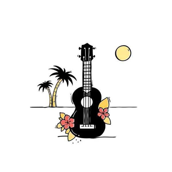 Ukulélé hawaïen avec palmier et fleurs, art vectoriel — Image vectorielle