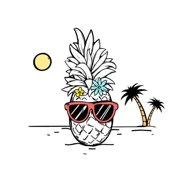 Ananas hawaïen en lunettes de soleil sur la plage — Image vectorielle