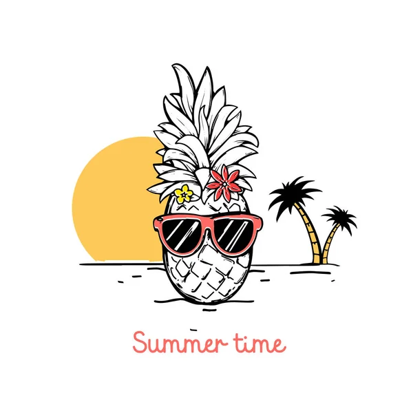 Piña de Hawai en gafas de sol en la playa — Vector de stock