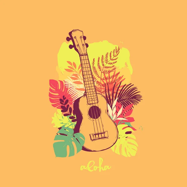Hawaiian guitar Ukulele with the text Aloha — Stock Vector