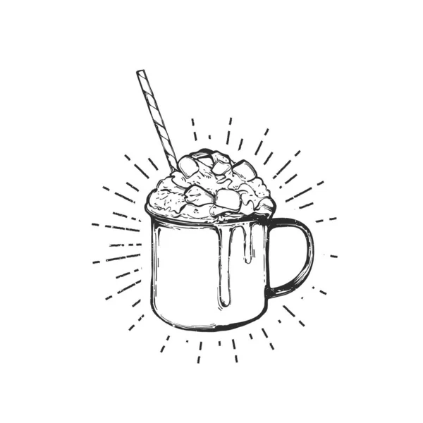 Marşmelovlu sıcak içecek çikolatalı kupa. — Stok Vektör