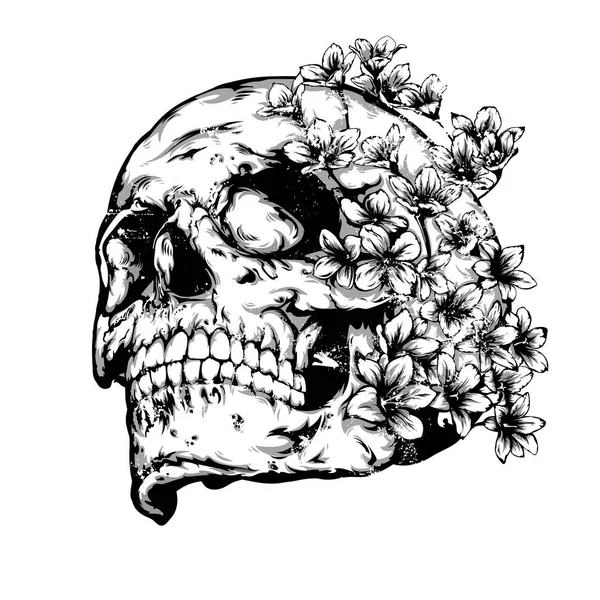 Crânio coberto com flores vintage arte vetorial — Vetor de Stock