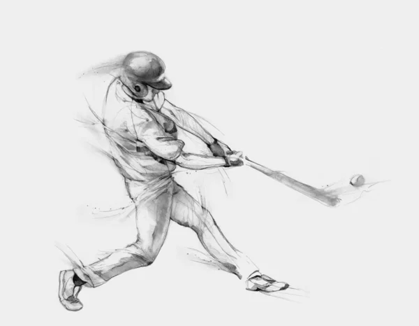 Бейсболист ударил по мячу, нарисовал вручную — стоковый вектор