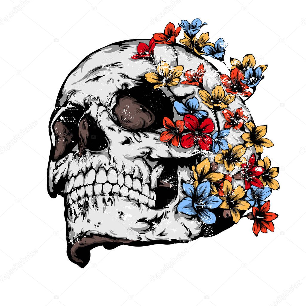 Skull covered with flowers vintage vector art
