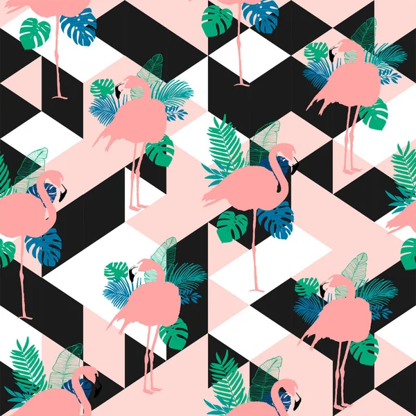 带有粉红火烈鸟和棕榈叶的病媒图案 — 图库矢量图片