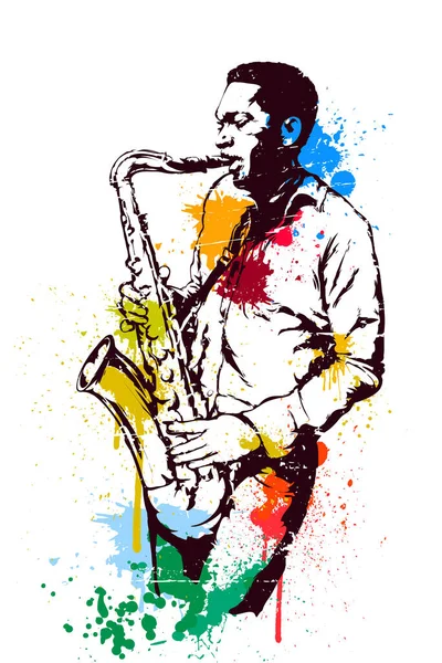 Jazz hombre con saxo en el fondo blanco — Vector de stock