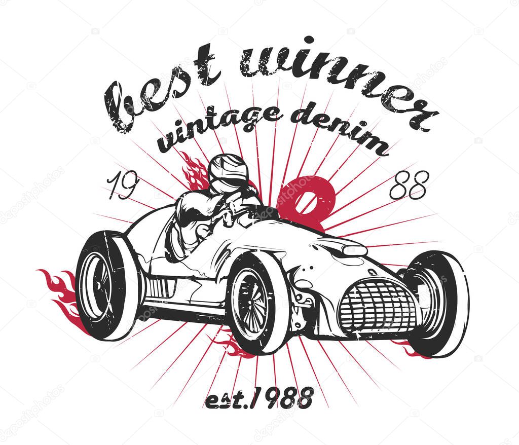 Vintage race car for printing, hand graphics