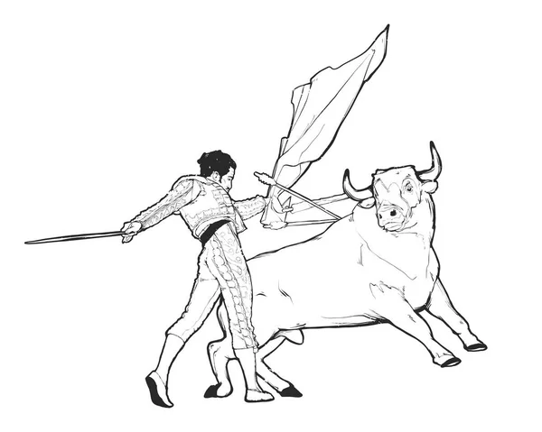 Bull y toreador, español corrida vector arte — Archivo Imágenes Vectoriales