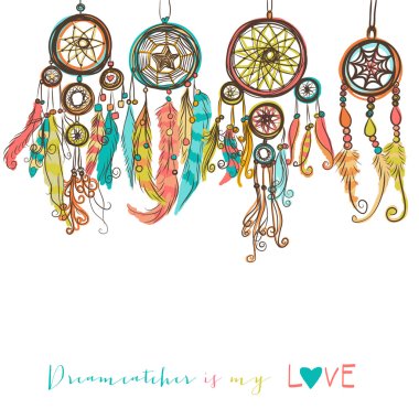 Beautiful vector illustration with dream catchers. Colorful ethnic, elements