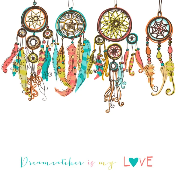 Beautiful vector illustration with dream catchers. Colorful ethnic, elements — Stock Vector