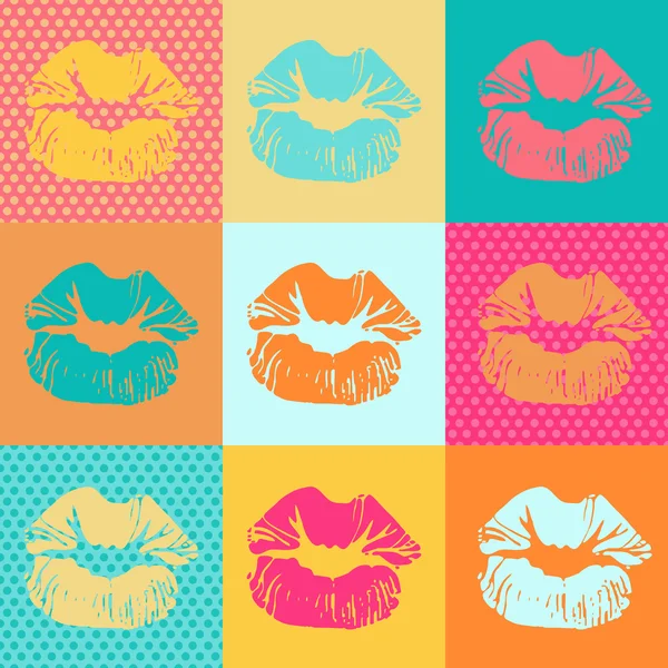 Colorful texture with kisses. Pop art lips — Stock Vector