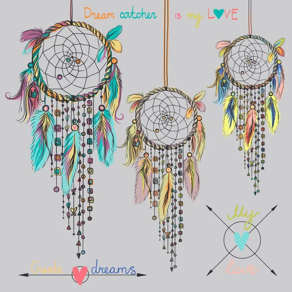 Beautiful vector illustration with dream catchers. Colorful ethnic elements — Stock Vector