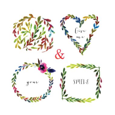 Vektör floralframes. Yaprak ve çiçek, suluboya çizim ile renkli floral çerçeveler