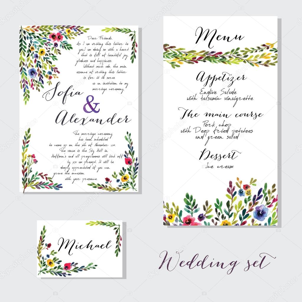 Vector set of invitation cards with watercolor flowers elements 