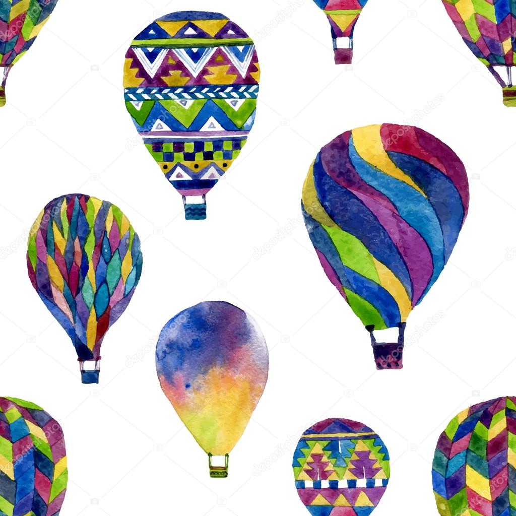 Watercolor seamless pattern with hot air balloon 