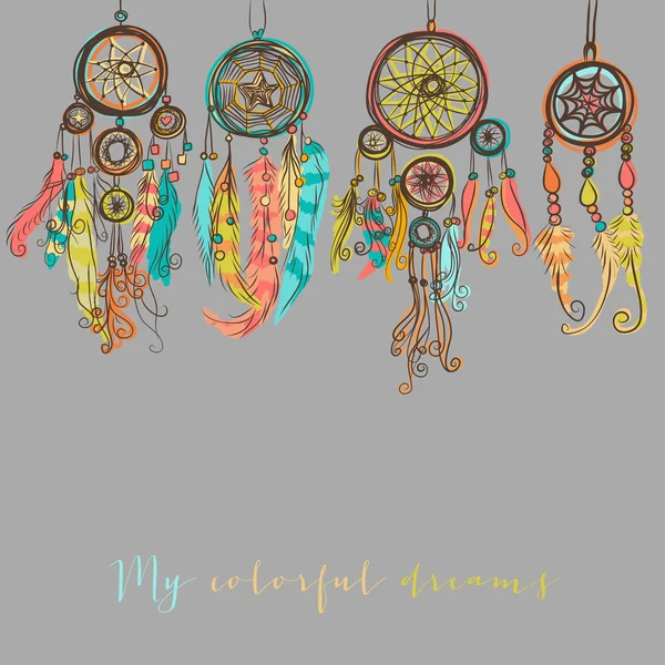 Beautiful vector illustration with dream catchers. Colorful ethnic elements — Stock Vector