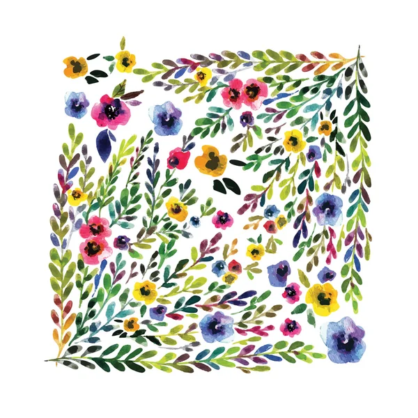 Vector floral kaart. Kleurrijke bloemen banner met bladeren en bloemen, tekening aquarel — Stockvector