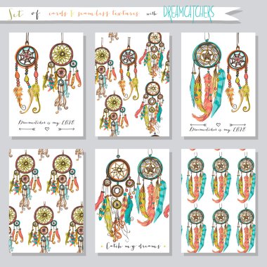 Dizi sorunsuz vektör çizimler ve rüya yakalayıcı kartlarla