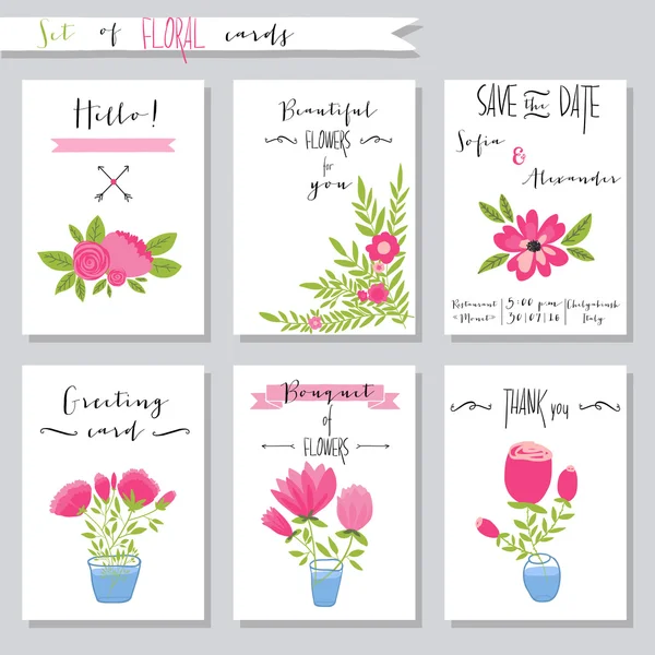 Vector illustration.Collection de plantillas de tarjetas lindas con flores — Vector de stock