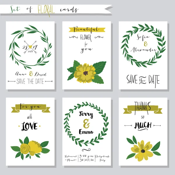 Vector illustration.Collection de plantillas de tarjetas lindas con flores — Vector de stock