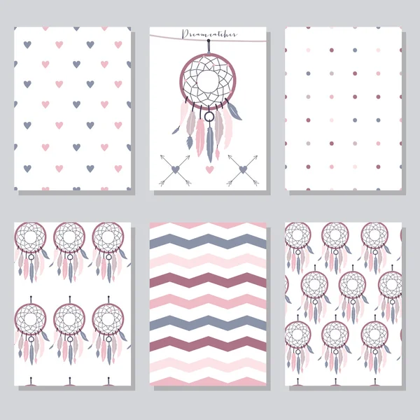 Conjunto vectorial de hermosas texturas y tarjetas sin costura con atrapasueños — Vector de stock