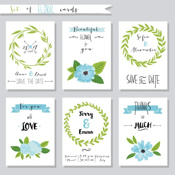 Vector illustration.Collection de plantillas de tarjetas lindas con flores — Vector de stock