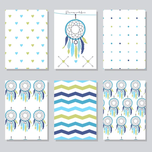 Conjunto vectorial de hermosas texturas y tarjetas sin costura con atrapasueños, corazones, zig zag — Archivo Imágenes Vectoriales