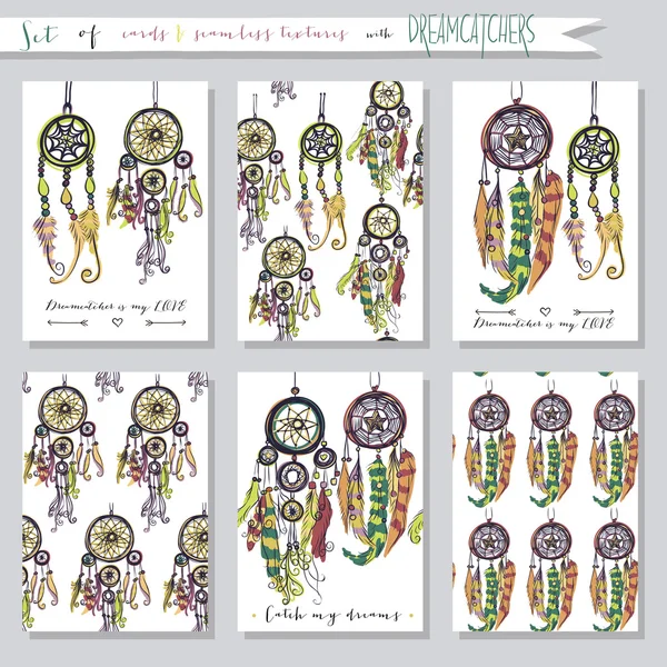 Set of seamless vector illustrations and cards with dream catchers Vector Graphics