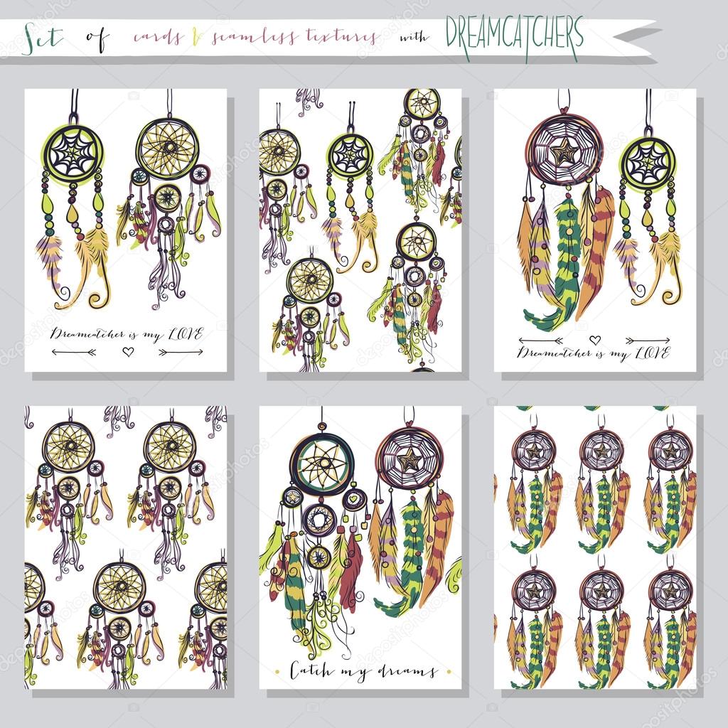 Set of seamless vector illustrations and cards with dream catchers