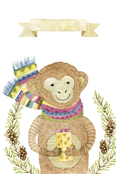 Akwarela ilustracja z małpką. Ładny ręcznie rysowane zwierzę — Zdjęcie stockowe