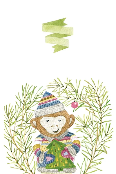 Watercolor illustration with monkey. Cute hand drawn animal — Stock Photo, Image