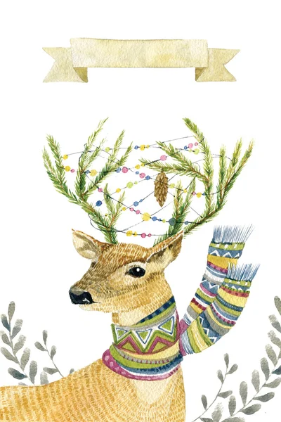 与鹿的水彩插图。可爱的手画的动物 — 图库照片#