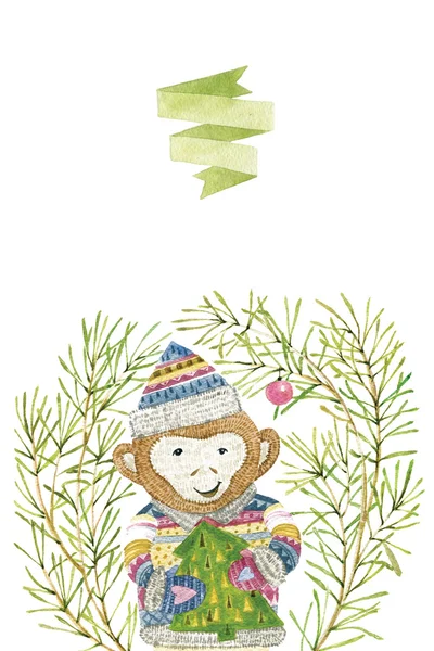 与猴子的水彩插图。可爱的手画的动物 — 图库照片#