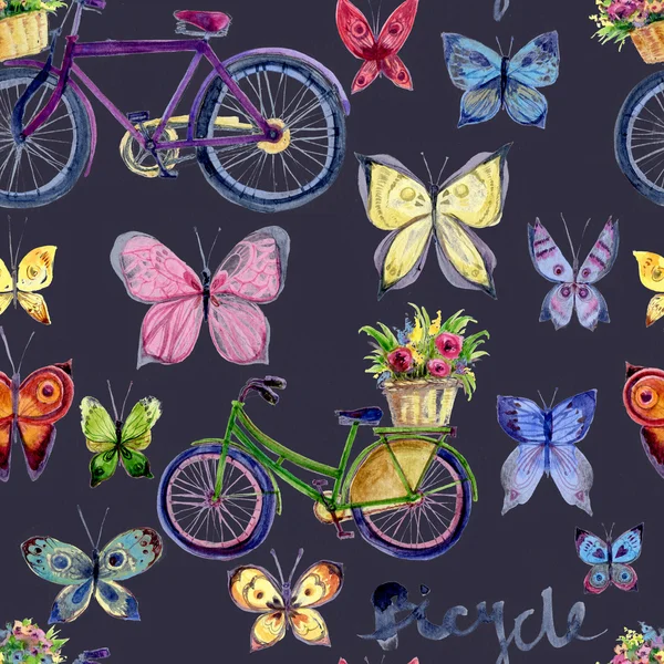 与老式自行车和蝴蝶的水彩无缝模式 — 图库照片#