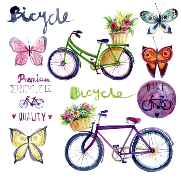 与自行车的水彩浪漫插图。手工绘制的插图: 绿色和粉红色的复古自行车 — 图库照片#